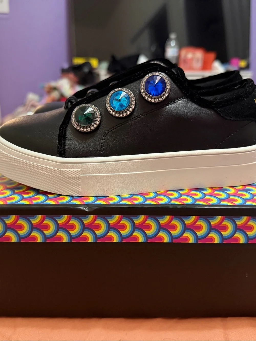 Kurt Geiger Kids Black Slip-On Sneakers with Multicolor Gem Accents